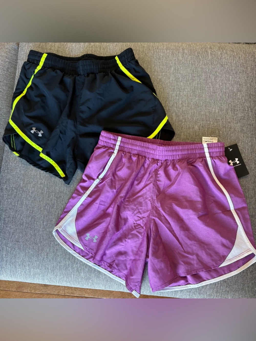 Under Armour black w/yellow, sizeS & purple w/white, sizeXS Athletic Shorts lot